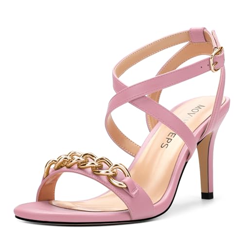 MOVINSTEPS Womens Dress Dating Buckle Round Toe Matte Ankle Strap Strappy Stiletto High Heel Heeled Sandals 3.3 Inch