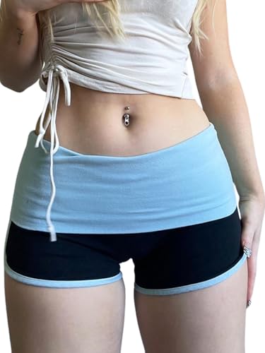 Best Rose Lounge Fold Over Shorts Zebra Striped Cheetah Low Rise Patchwork Stretchy Y2K Skinny Sexy Casual Women Shorts, Blue Black, Small