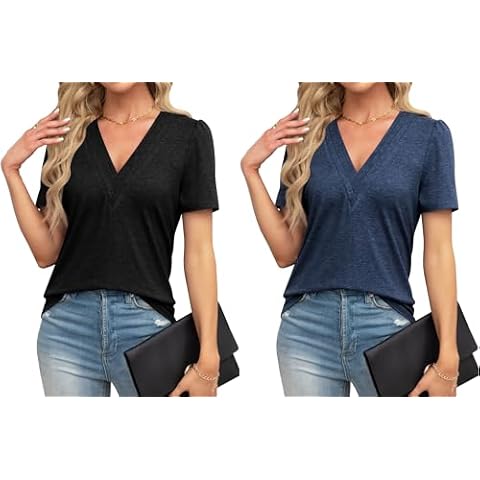 THANTH Womens Tops Dressy Casual V Neck Puff Short Sleeve Shirts Summer Loose Tunic Blouses T Shirts Trendy Tops Cover