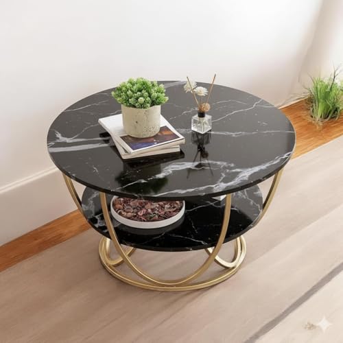 Image of Shoppee Coffee Table - Modern 2-Tier with Faux Marble Top and Gold Metal Frame - Stylish Center Table for Living Room, Sofa Table, Elegant Cocktail Table for Home, Office, Black & Gold
