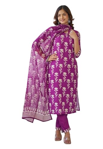 Kurta pour femme en coton mélangé violet avec pantalon et dupatta LookMark taille L
