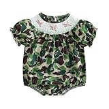 Yxniwxe Newborn Baby Girl Hunting Clothes Embroidery Duck Romper Smocked Puff Short Sleeve Camo/Striped/Dot Bubble Bodysuit (Army Green, 12-18 Months)