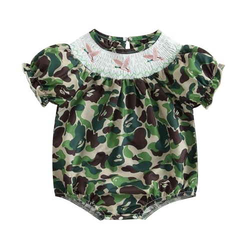 Baby Girls Jumpsuit Casual Striped/Camouflage Print Duck Embroidery Short Sleeve Newborn Romper