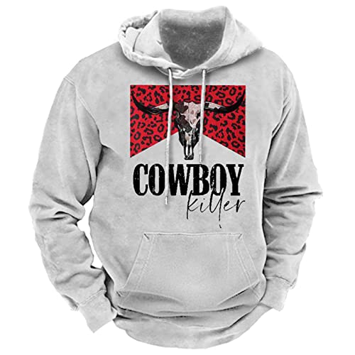 Geleglaer Men's Western Ethnic Geometric Aztec Hoodie Cow Skull Print Pullover Tops Casual Long Sleeve Street Sweatshirts