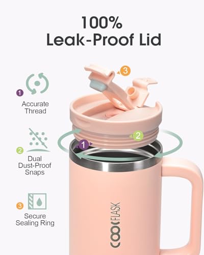 Image of Coolflask 40 oz Pink Insulated Tumbler With Handle, Lid and Straw - Stainless Steel Vacuum Travel Mug for Cup Holder, Keeps Cold for 24 Hrs /Hot for 12 Hrs