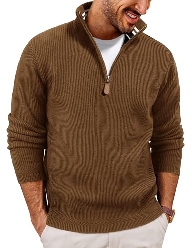 Image of PJ PAUL JONES Mens Quarter Zip Pullover Slim Fit Lightweight Knit Pullovers Sweaters Fall Stylish Thick Mock Neck Sweater CoffeeL