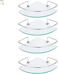 Kit Prateleira de Canto para Banheiro, Vidro Incolor 6mm com Suporte de Alumínio, 29x20cm, 4 Unidades