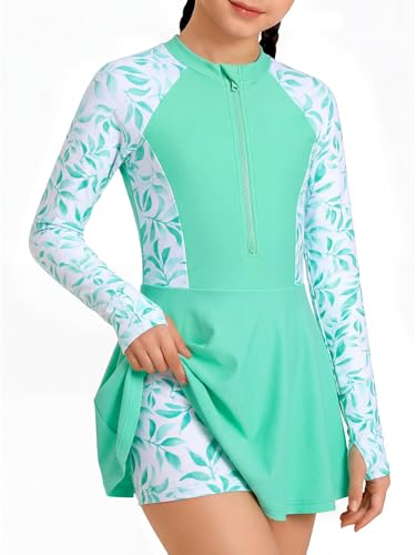 Image of HOZIY Girls Long Sleeve Swimsuit Two Piece Rash Guard Dress with Swim Shorts Front Zip for Kids Tween Teens UPF 50+