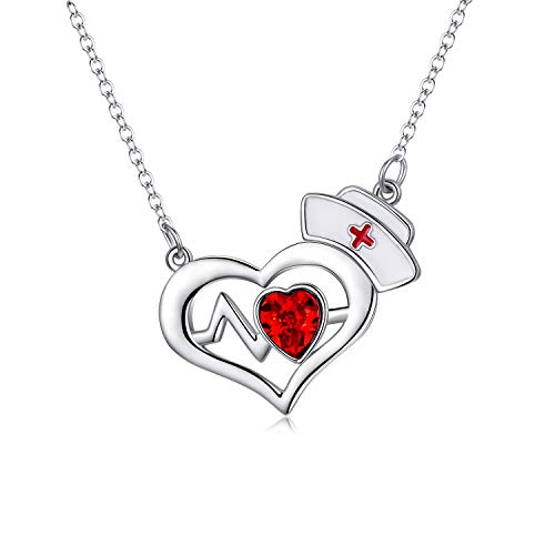 AOBOCO Nurse Necklace Sterling Silver Nurse Hat Charm with EKG Heartbeat Heart Necklace for Nurse Doctor Medical Student, Crystal from Austria