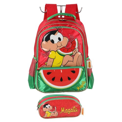 Kit Mochila De Costas Estojo Triplo Magali Mônica Escolar (Vermelho)