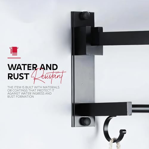 Image of MIORAH 24 Inch Foldable Aluminum Towel Rack for Bathroom - Wall Mounted Double - Tier Towel Holder with Rod & Hooks | Rustproof Black