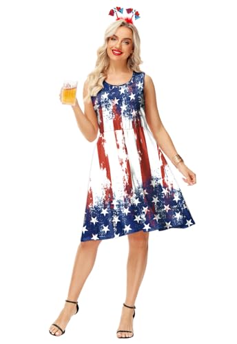 Image of Deerose 4th of July Dress for Women Sleeveless American Flag Patriotic Elastic High Waist Sundress