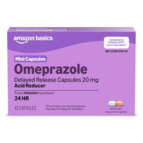 Amazon Basics Omeprazole Delayed Release Mini Capsules 20 mg Acid Reducer Treats Frequent Heartburn 24HR 42 Count (Previously Care)