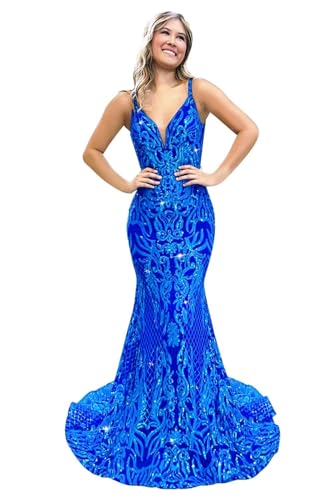 V Neck Sequin Prom Dress Mermaid Spaghetti Straps Sparkly Formal Evening Party Gowns