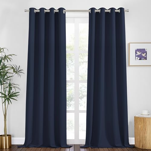 Image of PONY DANCE Navy Blue 94 Inch Long Blackout Curtains for Living Room Window,Thermal Insulated Grommet Boho Boy Nursery Darkening Room Curtains for Bedroom, 2 Panels, 55 Inches Wide
