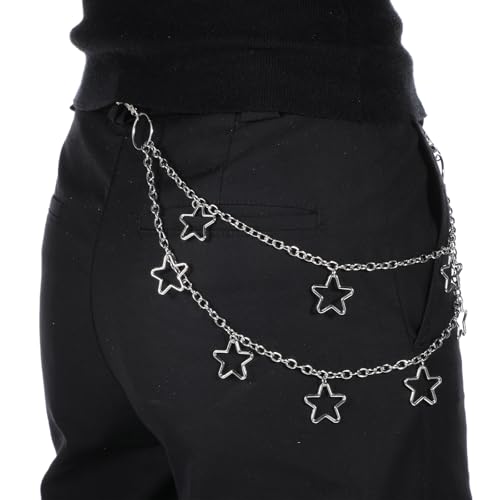 Silver Star Belt for Pants Chain,Vintage Belts for Women Gothic Punk Style Jean Skirt Chain Belt Star Layered Pocket Pants Waist Chains, Rock Hip-Hop Style Adjustable Jean Waist Wallet Chains2
