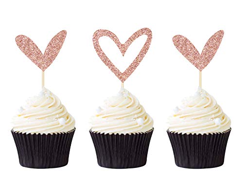 24 PCS Rose Gold Glitter Heart Cupcake Toppers Cute Design Love Cupcake Toppers for Wedding Bridal Anniversary Baby Shower Party Decorations Supplies