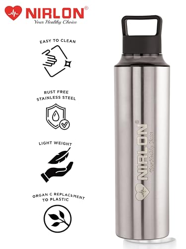 Image of NIRLON Eco Pure Single Wall Stainless Steel Water Bottle, Water Bottles For Fridge Pack of 2|Leak Proof|Office|Gym Bottle|Home|Kitchen|Hiking|Treking Bottle|Travel Bottle [Black Color|900ml]