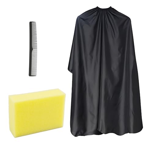 EceoThsy Conjunto Profesional de Peluquería，Capa de Corte Negra con Corbata Ajustable,Esponja y Peine de Peluquería - Accesorios Esenciales para Salones y Uso Doméstico en Hombres y Mujeres