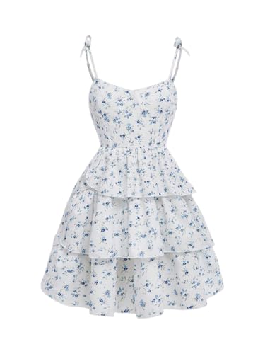 Verdusa Girl's Floral Layered Ruffle Short Cami Dress Bow Spaghetti Strap Holiday Dress