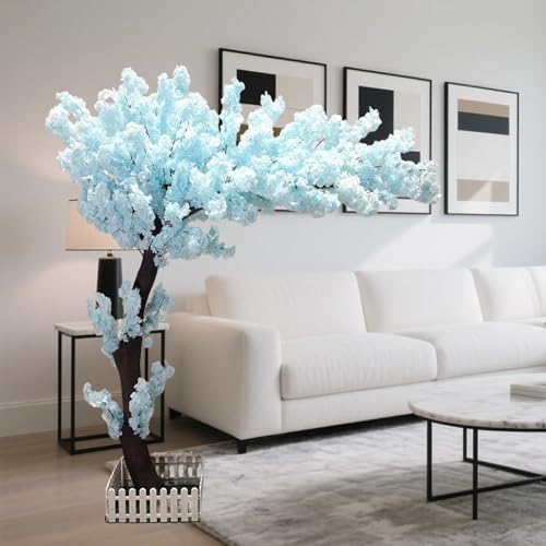 BFECGDXT Artificial Cherry Blossom Tree with Lights Decor, 5.2 FT/1.6M Blue Faux Cherry Blossom Trees for Indoor Outdoor Home Office and Wedding