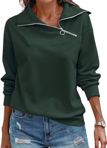 Cuptacc Ladies Sweatshirts Half Zip Long Sleeve Pullover V Neck Oversized Sweatshirt Women Casual Work Clothes Dark Green, Small S 8-10