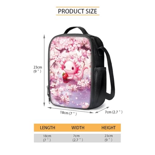 Suobstales Axolotl Strawberry Cherry Blossom Print Backpack for Girls Teen Kids 4 Pack School Bag with Lunch Box Pencil Case Water Bottle Sleeve Set Middle High School Bookbag Travel Daypack Satchel4