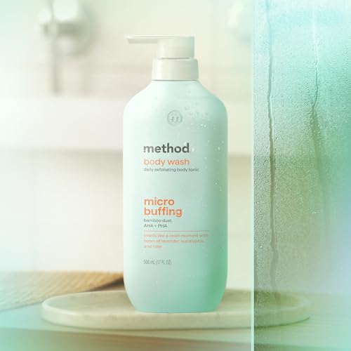 Method Exfoliating Body Wash, Micro Buffing- Lavender, Eucalyptus & Rose Notes, Made Without Parabens, Smooths & Softens Skin with AHA & PHA, 17 fl oz
