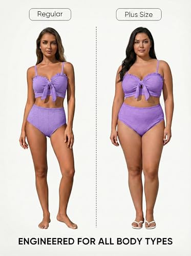 Herseas Women's Seashell Textured Bikini Sets Knotted Front Ruffle Full Coverage Swimsuits High Waisted Flattering Bathing Suits Teen Girls Purple Resort Essentials Medium — view 3
