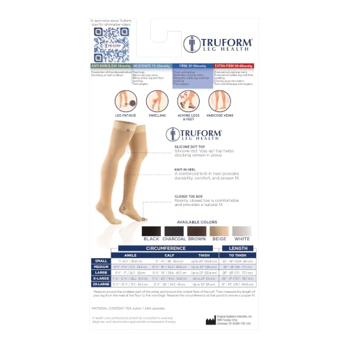 Truform 20-30 mmHg Compression Stockings for Men and Women, Thigh High Length, Dot Top, Closed Toe, Beige, Large