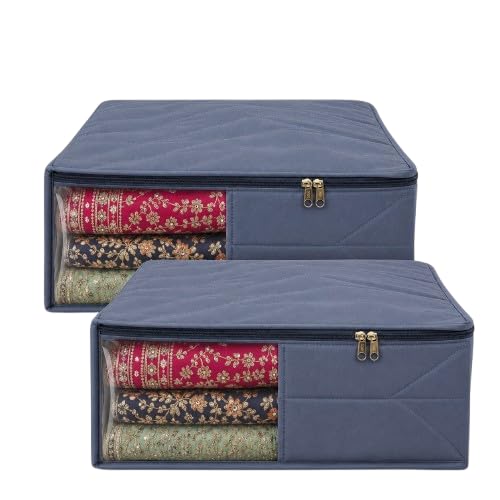 Premium Wardrobe Storage Organizer Bag with Transparent Window | Foldable Clothes Storage Box with Dual Zipper | Quilt Blanket Saree Comforter Organizer (BLUE, PACK OF 2)-picture-37