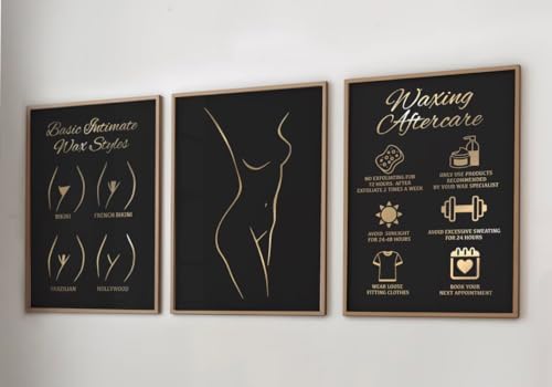 NATVVA Gold Foil Body Sculpture Print Wall Poster Waxing Aftercare Canvas Painting Set of 3 Brazilian Waxing Wall Art Prints for Wax Technician Beauty Salon Decor With Inner Frame