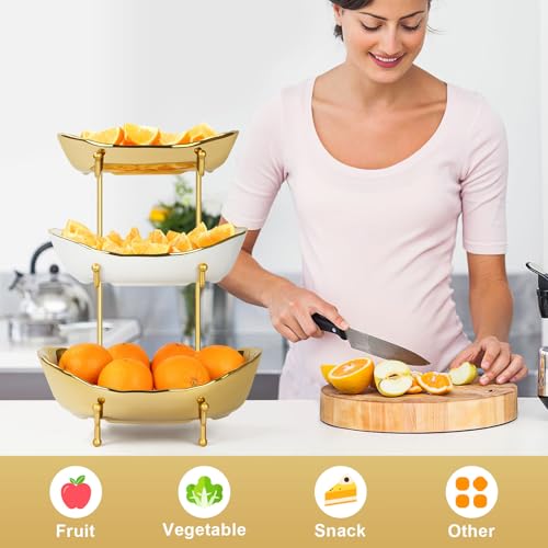 YUNLINLI Fruit Bowl for Kitchen Counter, 3 Tier Fruit Basket for Counter, Tiered Holder with Metal Stand, White Gold Ceramic Fruit Bowl, Detachable Rack, for Vegetable, Snack, Dessert Storage (Gold) — view 5
