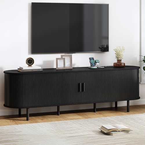 Image of 70.8 inch TV Stand with Power Outlet, Mid-Century Modern Television Stand, Fluted Media Console with Sliding Doors, Entertainment Center for TVs up to 60 Inch, Adjustable Shelves, Black