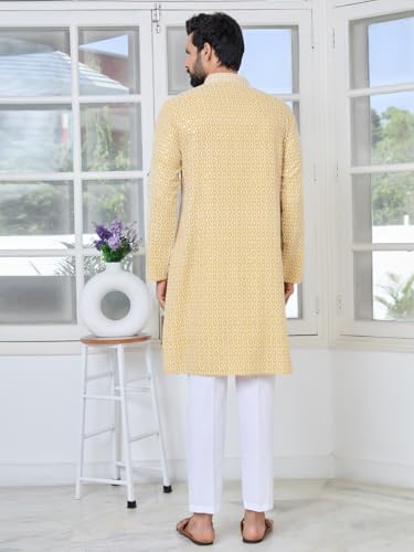 Image of See Designs Men's Full Sleeve Mandarin Collar Embroidered Thread Work Sequinned Rayon Straight Long Kurta - Festive Collection