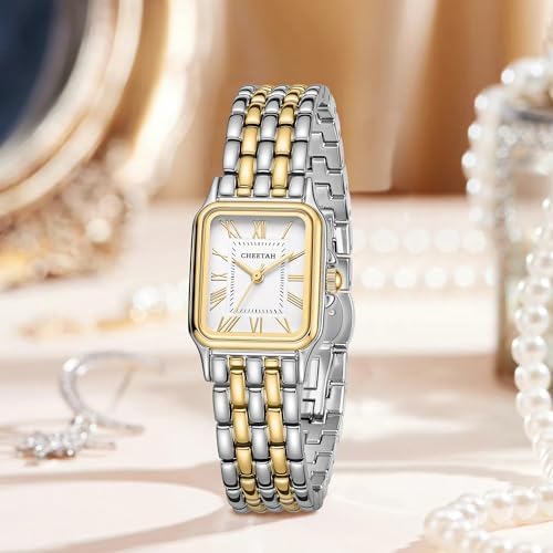 CHEETAH Armbanduhr Damen Uhr Bicolor: Edelstahl Gehäuse with Wasserdicht 30M - Stilvolle Zweifarbige Damenuhr Gold Silber Zifferblatt