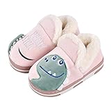  Drecage Kinder Hauschuhe Dinosaurier für Jungen Mädchen Winter Plüsch Wolle Pantoffeln mit Rutschfester Sohle Baby Kitaschuhe, Weich Soft und Warm Pink 24/25 EU