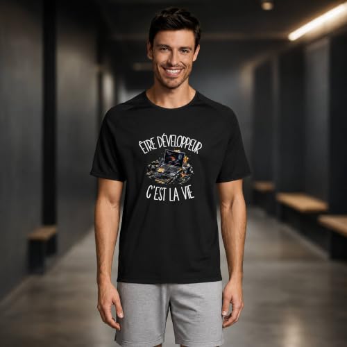 T-Shirt de Sport Homme Noir Être développeur C'est la Vie | Polyester Respirant 140 g/m² Manches Raglan Dos Long Taille XL | Running Musculation Fitness Salle – vue 2