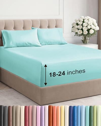 Image of Extra Deep Twin Sheet Set - 4 Piece Breathable & Cooling Sheets - Spa Blue | Hotel Luxury Bed Sheets Set, Easy & Secure Fit, Ultra-Soft, Wrinkle & Fade Free, Comfy Sheets Set with Extra Deep Pockets
