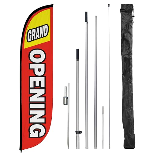 Image of LookOurWay Feather Flag Pole Kit - 12 Feet Tall Advertising Flag Banner with Fiberglass Pole Kit and Ground Spike for Business Promotion - Grand Opening Flags - Grand Opening Red & Yellow (10M1200028)