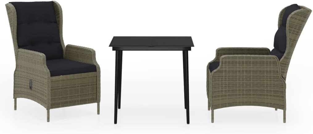 vidaXL 3 Piece Dark Gray Patio Dining Set with Adjustable Reclining Chairs, Black Powder-Coated Steel Frame and Glass Top Table - Outdoors, Garden, Weather, Maintenance-Free PE Rattan Seating