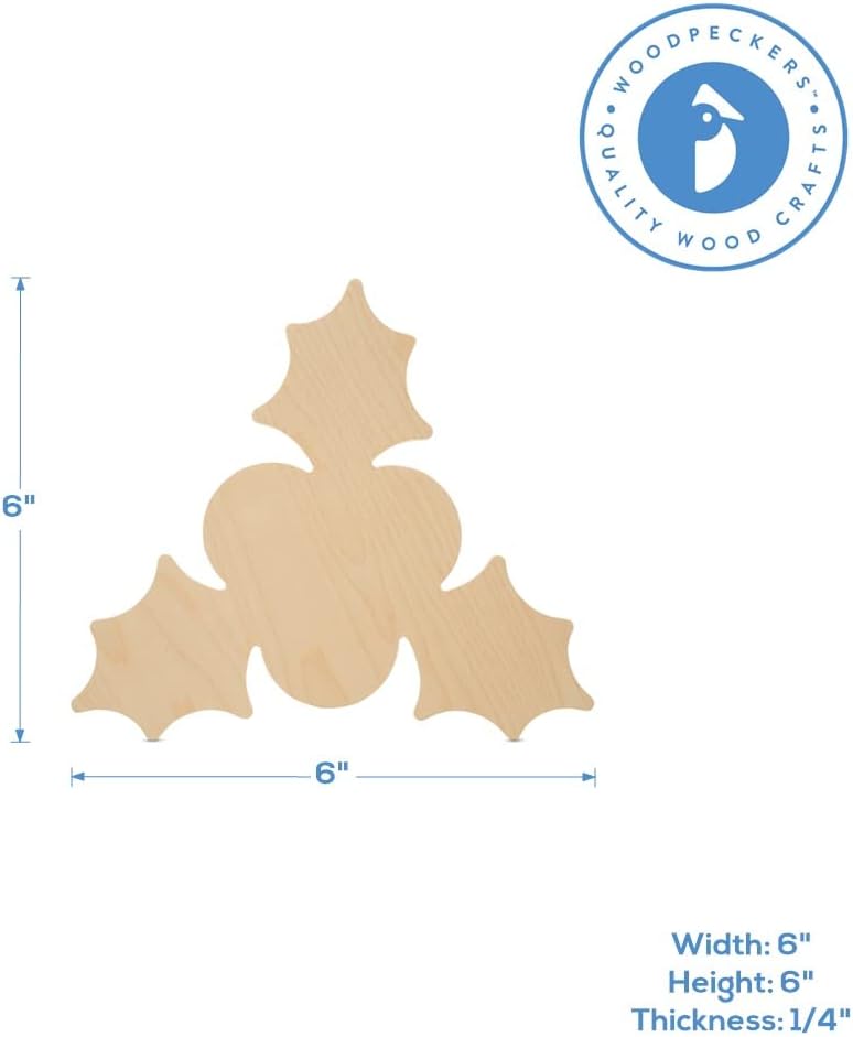 Wood Holly Cutout 6-inch x 6-inch, Pack of 12 Small Christmas Tree Decorations for DIY Ornament Making, Crafts, & Decor, by Woodpeckers