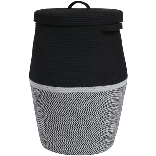 Handcrafted Tall Cotton Rope Basket with Lid, Stylish Flagon Shape with Cover, Clothes Hamper with Top, for Bedroom and Living Room (Two Sides Black/Black Mix, 26"x20") by Cottonphant - Used condition - US$36.13