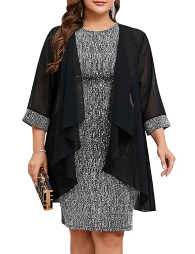 Image of ZOMVA Plus Size Sparkly Formal Dress Suit 2 Piece Mother of The Bride Groom Chiffon Jacket Outfit Cocktail Evening