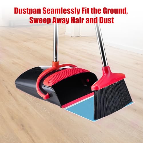 Broom and Dustpan Set with Long Handle, Windproof Stand Up Dustpan with Broom Combo for Home Kitchen Room Office Lobby Floor Use (Red&Black, 45.3IN)