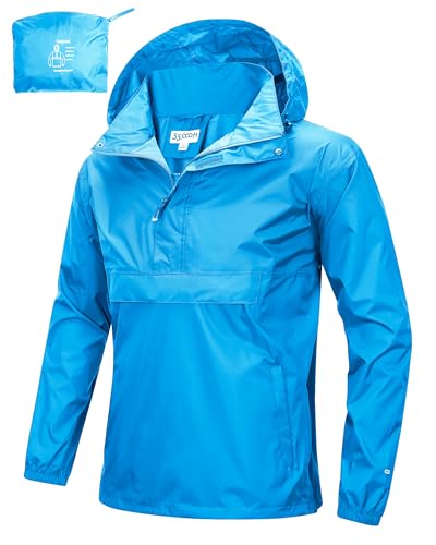 33,000ft Herren Regenjacke Leichter Wasserdichter Packbarer Pullover mit Kapuze und Reflektor für Fahrrad Wandern Outdoor, Hellblau M