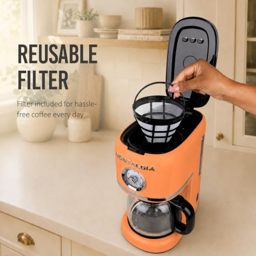 Image of Nostalgia Classic Retro 10 Cup Coffee Maker - One-Touch Drip Brew, Reusable Filter - Anti-Drip, Auto Shutoff, & Time Display - Dishwasher Safe 50 oz Carafe - Orange