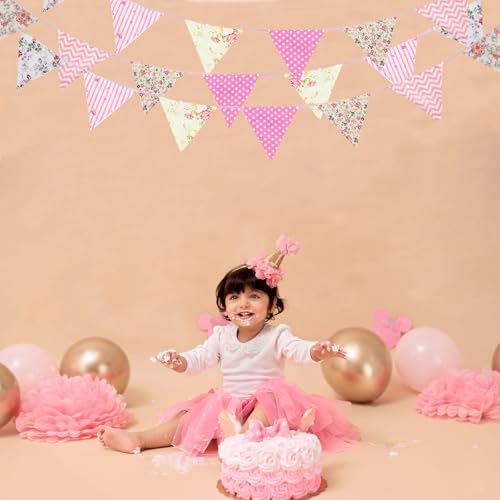 Image of Zwiebeco 32Ft Pink Floral Fabric Bunting Triangle Flags Cotton Flower Pennant Banner Decoration for Birthday Wedding Engagement Baby Shower Tea Party Spring Rustic Village Home Garden Decor