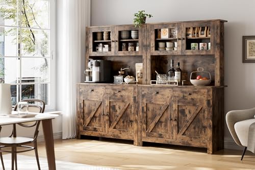 GarveeHome Kitchen Pantry Cabinet with Microwave Stand, Freestanding Hutch Cabinet with Buffet Cupboard, Tall Kitchen Cabinets with Adjustable Shelves for Dining Room, Brown