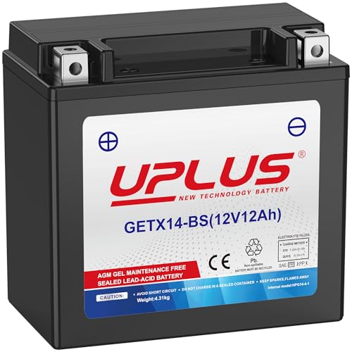 UPLUS GETX14-BS GEL Motorradbatterie 12V 260A 12Ah Rollerbatterie wartungsfrei Ersatz für YTX14-BS 150L×87B×145H mm